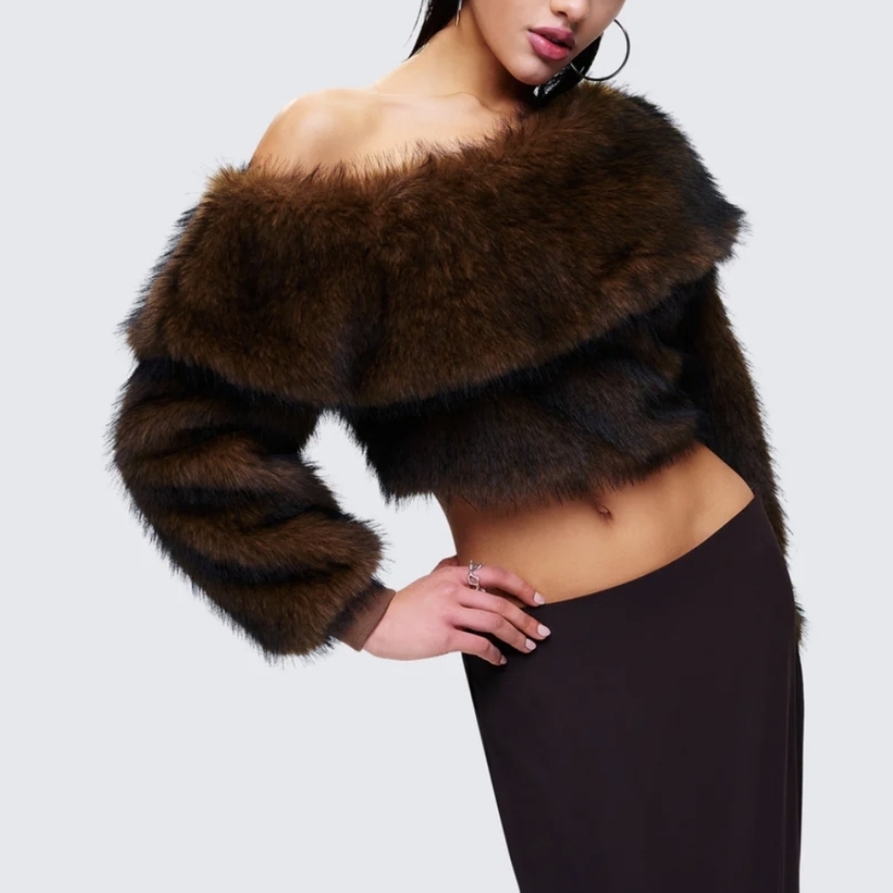 Finesse Faux Fur Off-Shoulder Crop Sweater Top Brown XL-2X Pit-Pit 22" NWOT